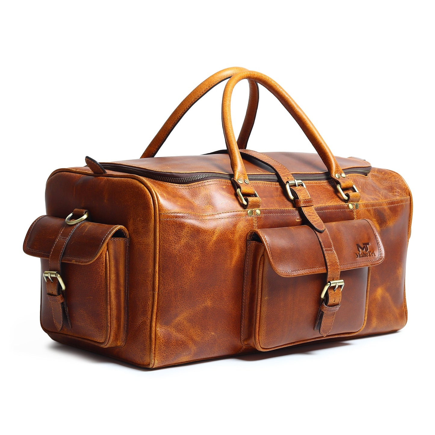 Berlin leather weekender duffle bag in brown leather with corner pouch and top handles