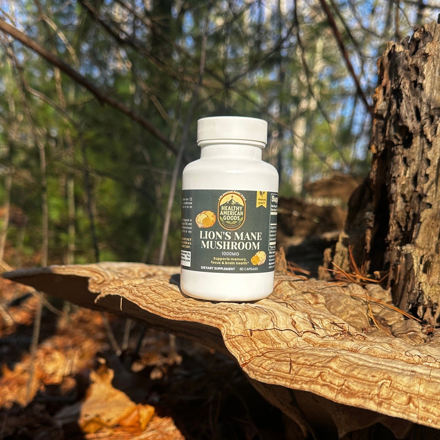 Lion's Mane mushroom supplement bottle standing on a tree log outdoors