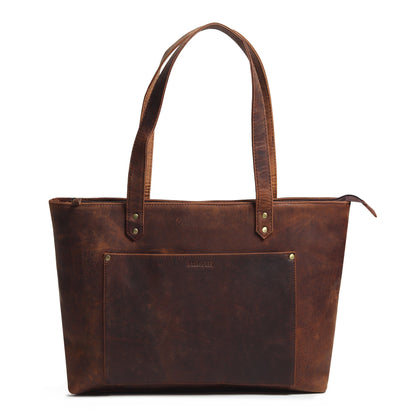 Brown leather large tote bag with structured front panel and top handles