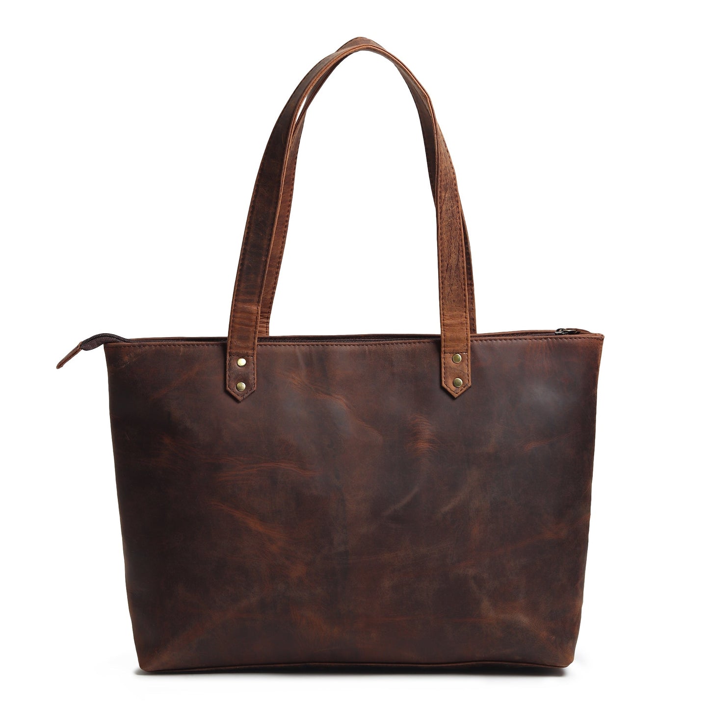 Brown leather tote bag with top handles and smooth rectangular front