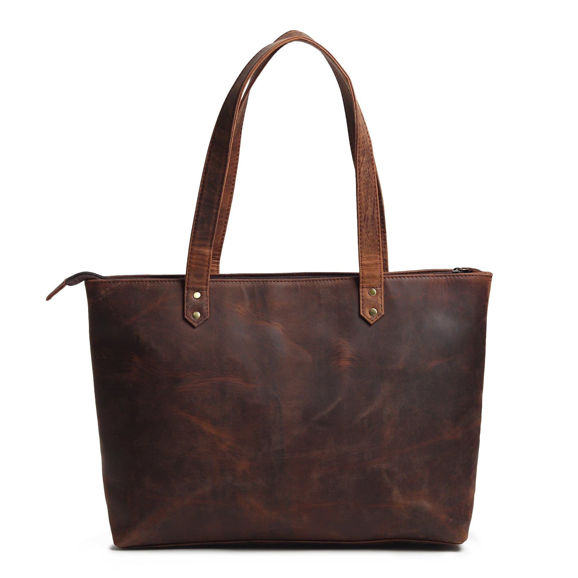 Brown leather tote bag with top handles and smooth rectangular front