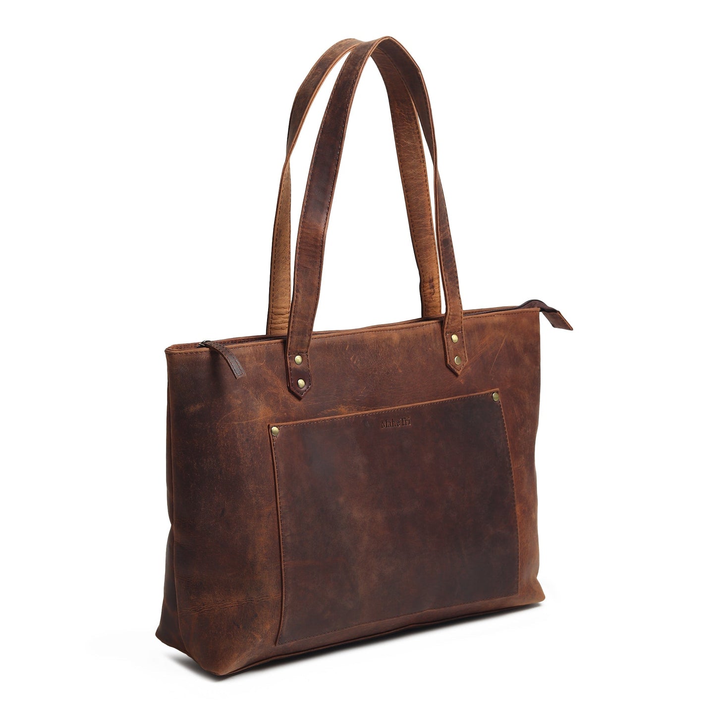 Brown leather large tote bag with top handles and stitched side seams
