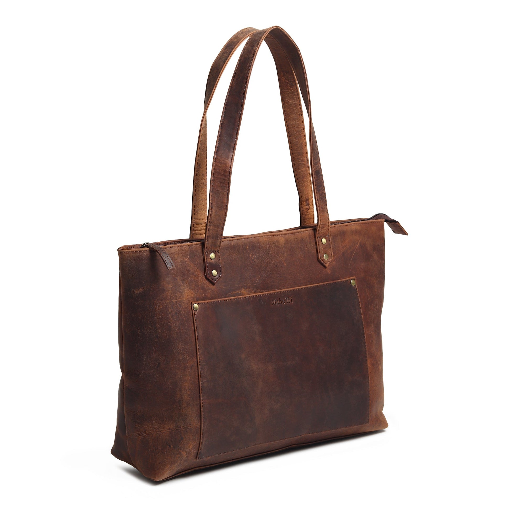 Brown leather large tote bag with top handles and stitched side seams