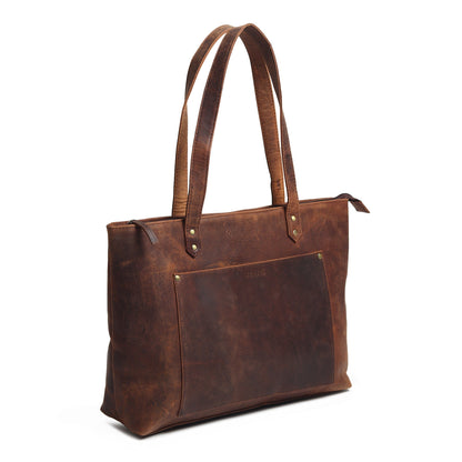 Brown leather large tote bag with top handles and stitched side seams
