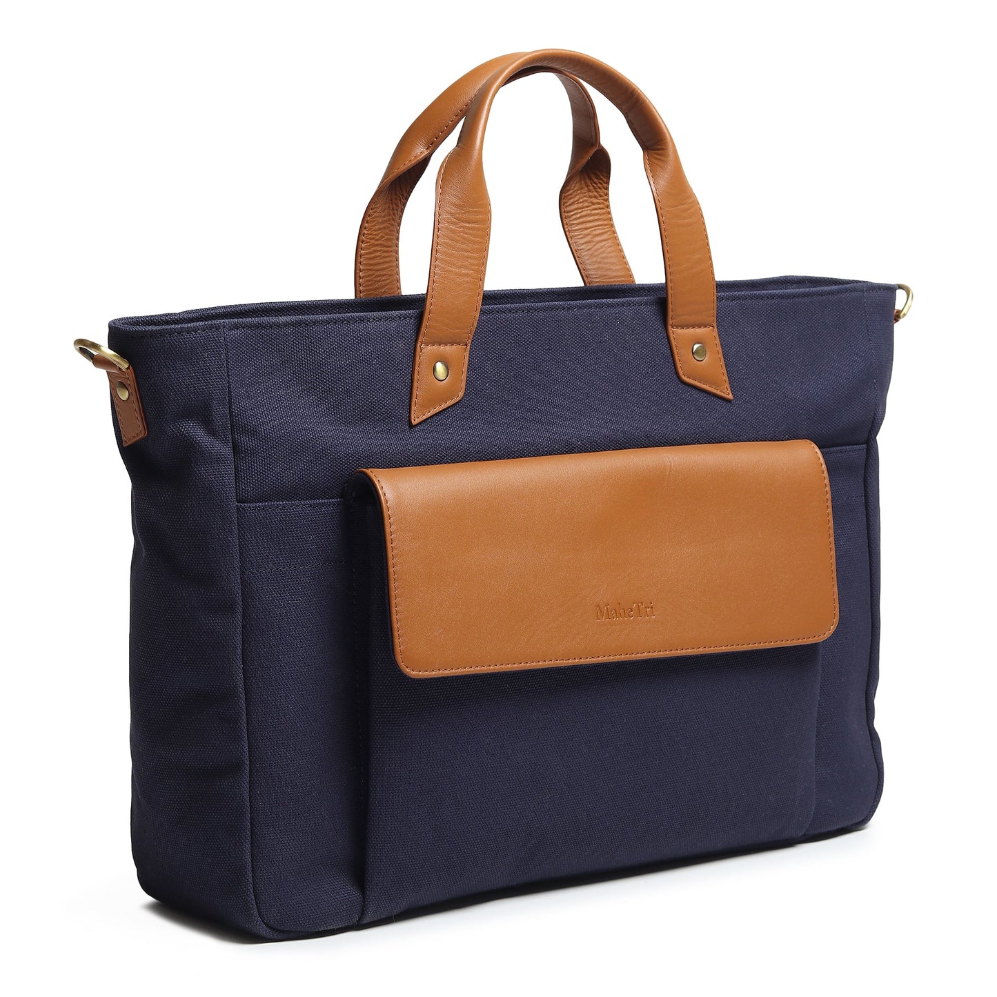 Dark blue canvas leather tote briefcase with tan top handles and front flap pocket