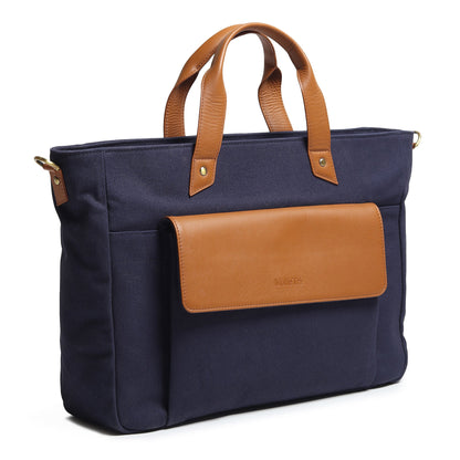 Dark blue canvas leather tote briefcase with tan top handles and front flap pocket