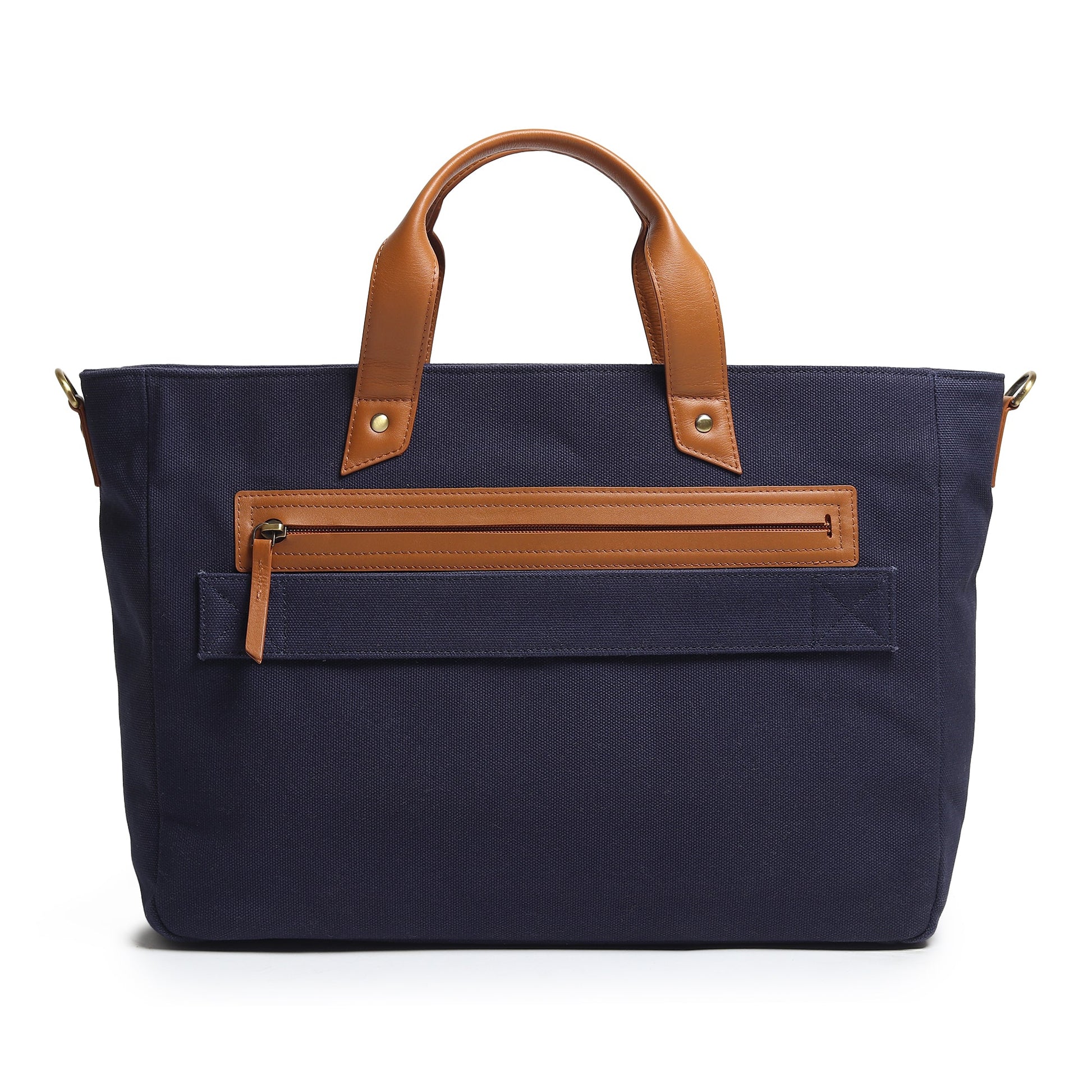 Dark blue canvas briefcase with tan leather top handles and front zip organizer panel