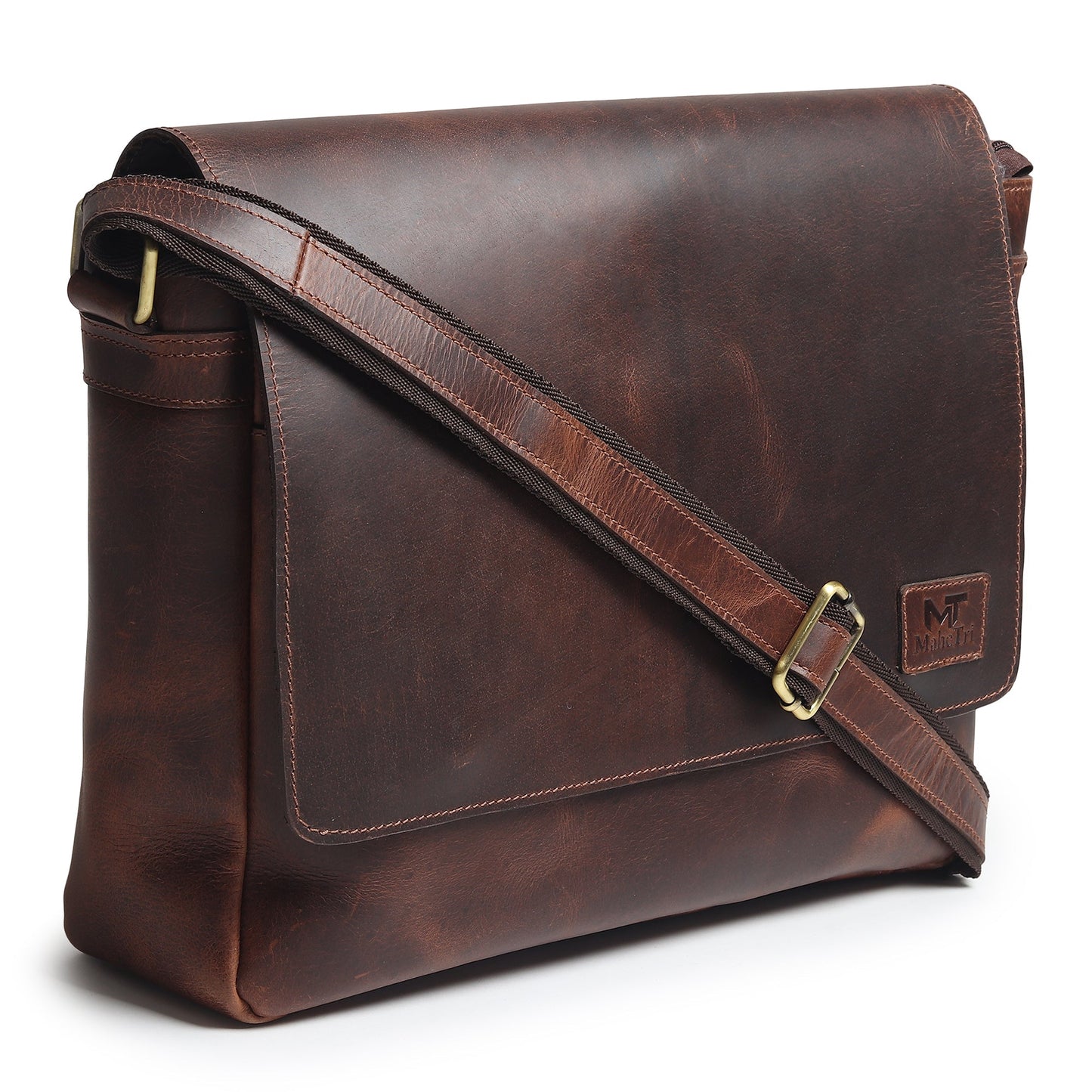 Brown leather laptop messenger bag with shoulder strap and gold buckle