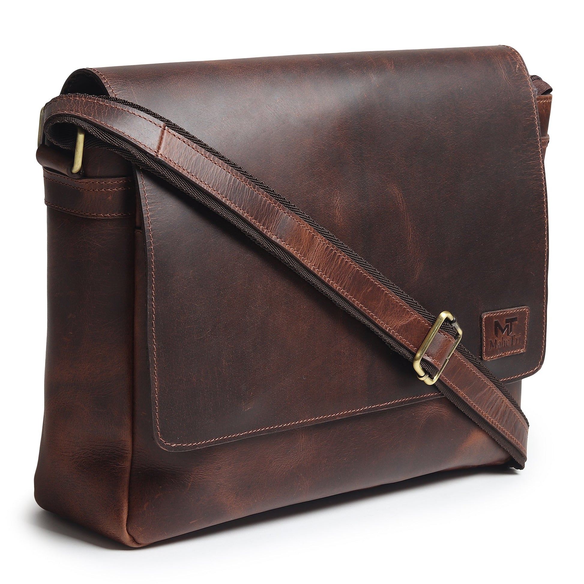 Brown leather laptop messenger bag with shoulder strap and gold buckle