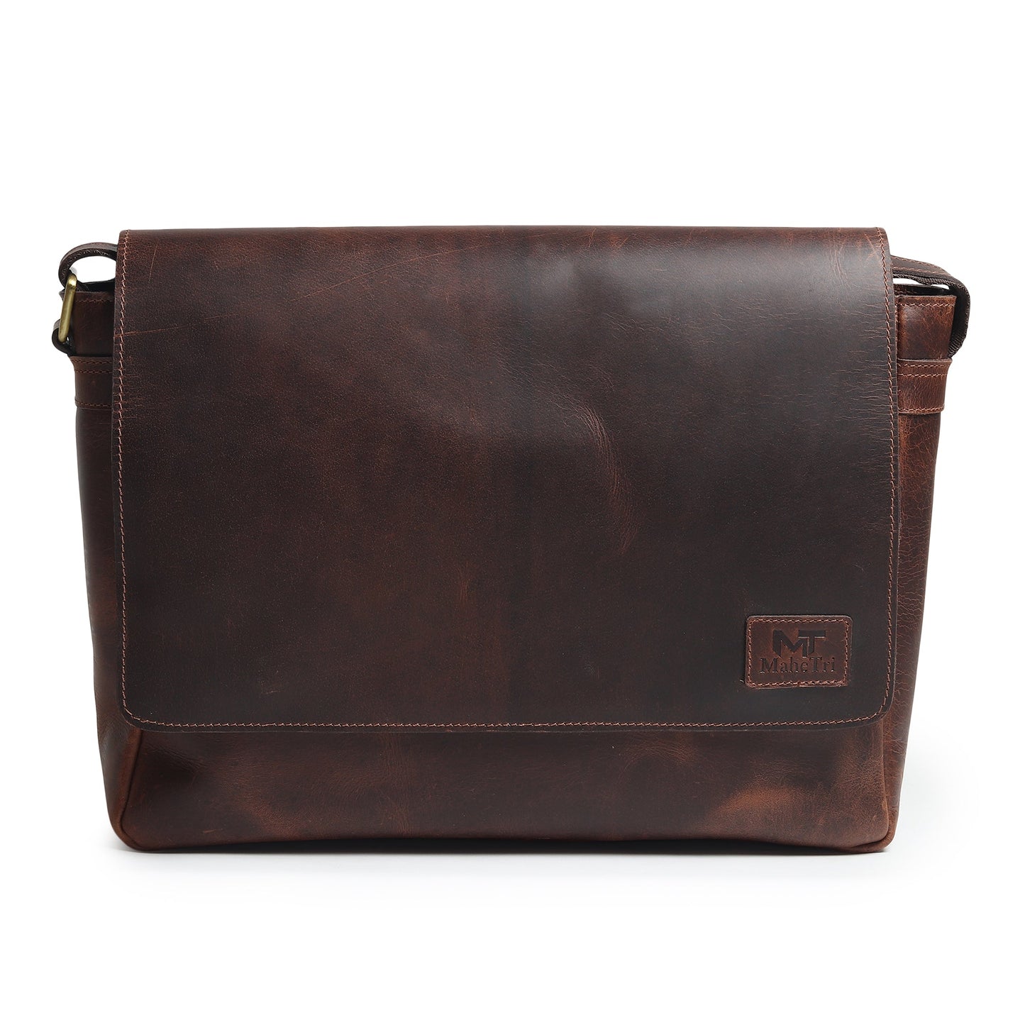 Brown leather laptop messenger bag with front flap and metal clasp