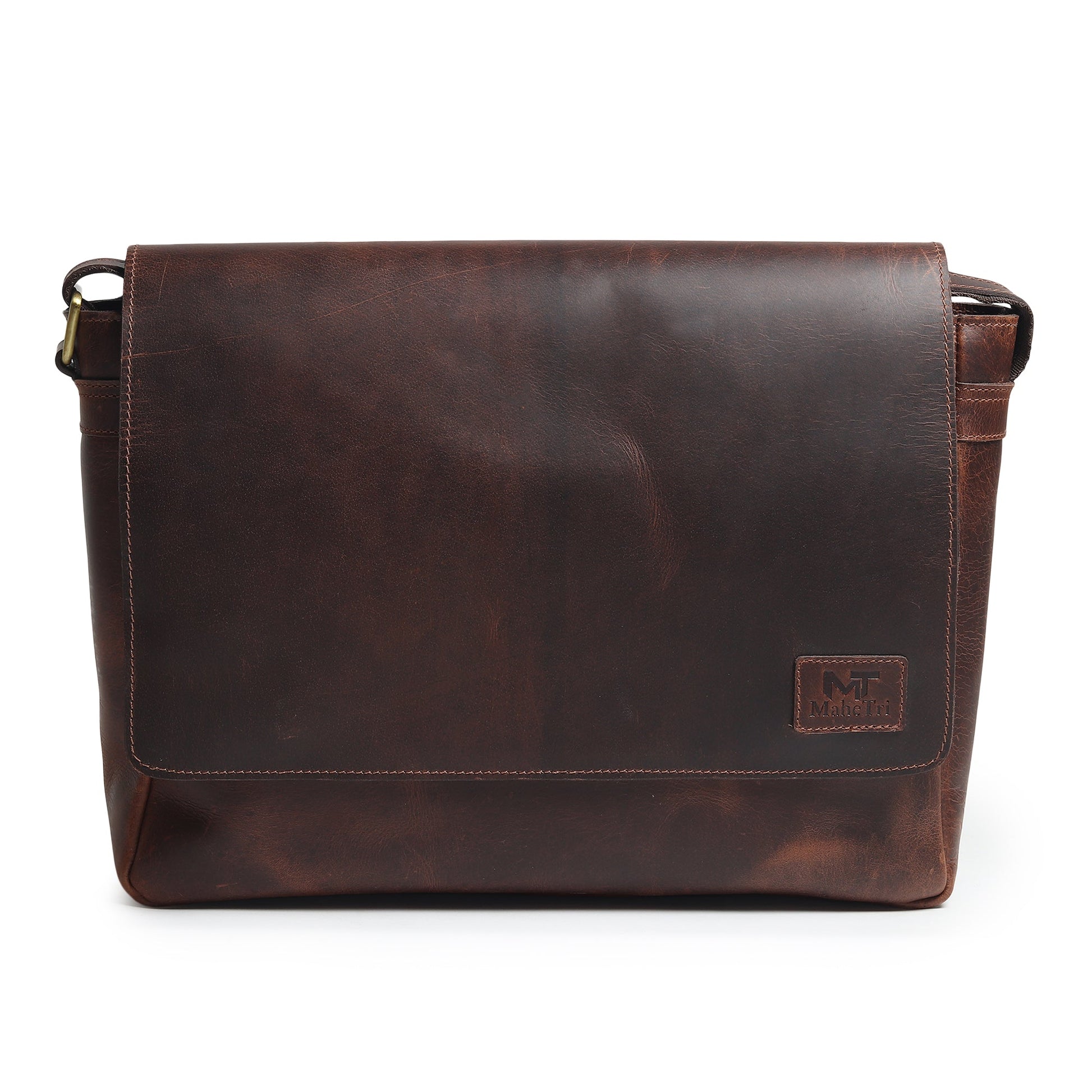Brown leather laptop messenger bag with front flap and metal clasp