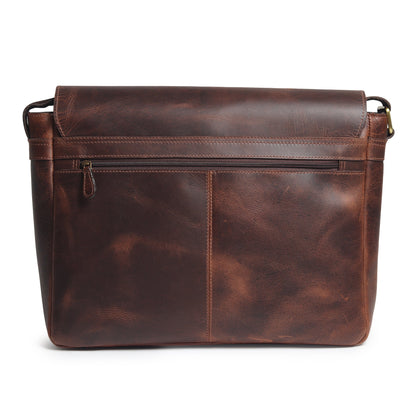 Brown leather laptop messenger bag with zippered front and stitched panels