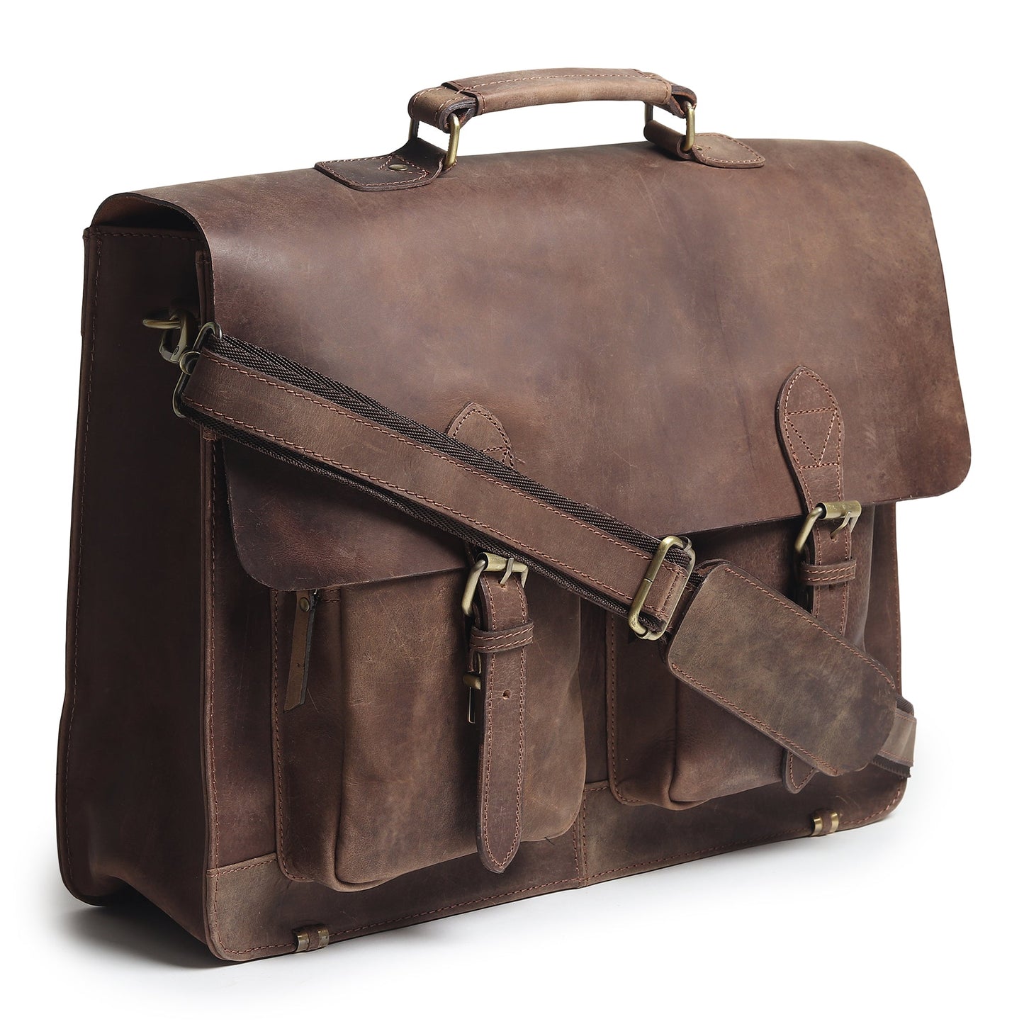 Brown buffalo leather messenger bag with crossbody strap and front buckle pockets.
