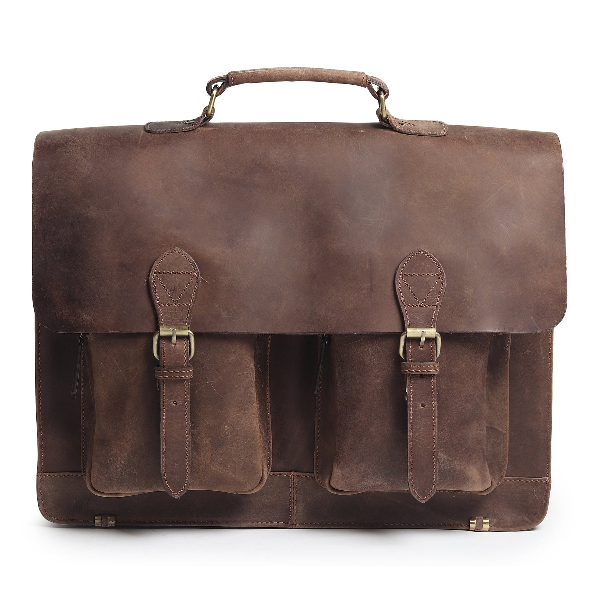 Brown buffalo leather messenger bag with flap, two front pockets, and buckle straps.