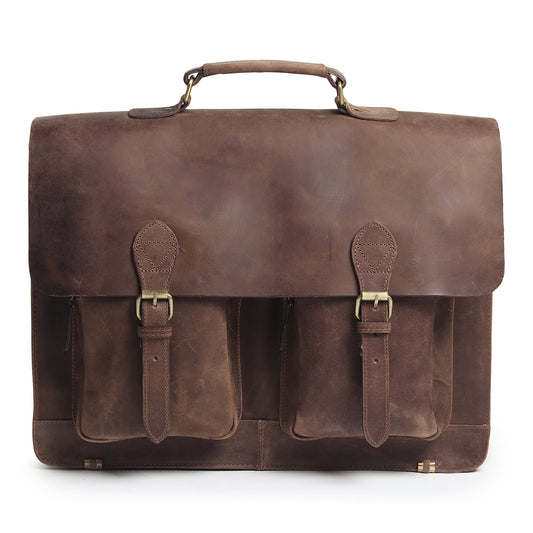 Brown buffalo leather messenger bag with flap, two front pockets, and buckle straps.