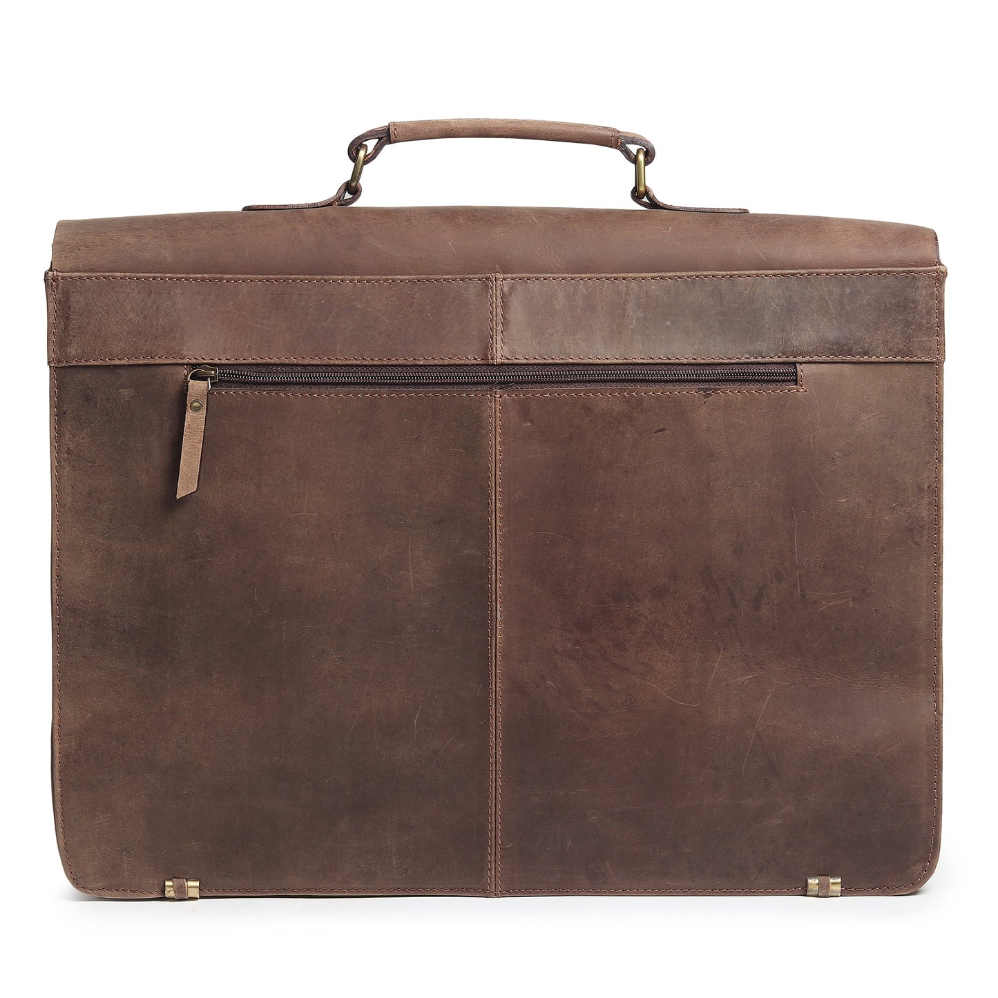Brown buffalo leather messenger bag back view with top handle and center zip pocket.