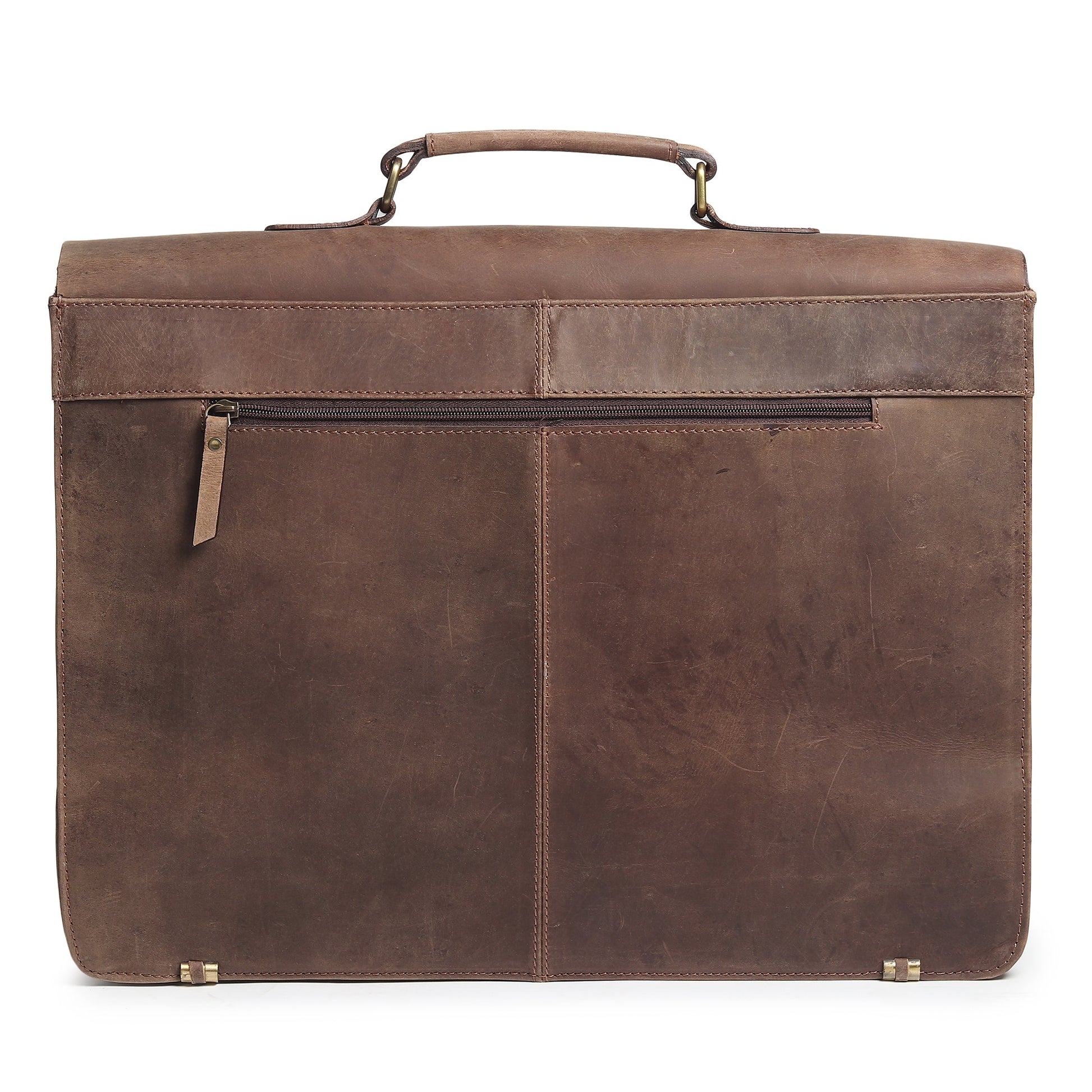 Brown buffalo leather messenger bag back view with top handle and center zip pocket.