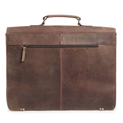 Brown buffalo leather messenger bag back view with top handle and center zip pocket.