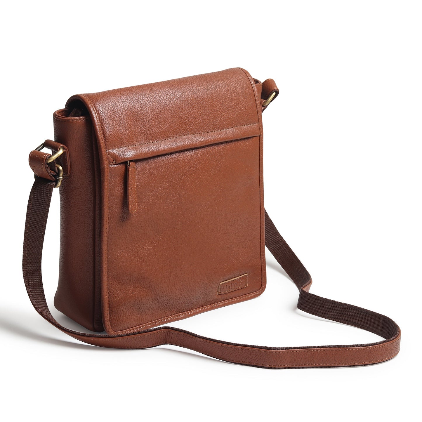 Brown leather crossbody bag side view with flap, metal hardware, and long strap