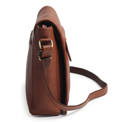 Brown leather crossbody bag back view with strap attachment points and top flap