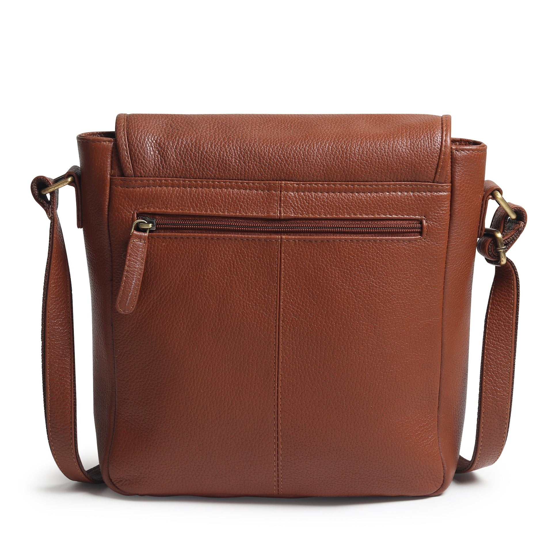 Brown leather crossbody bag front view with zipper pocket and adjustable shoulder strap