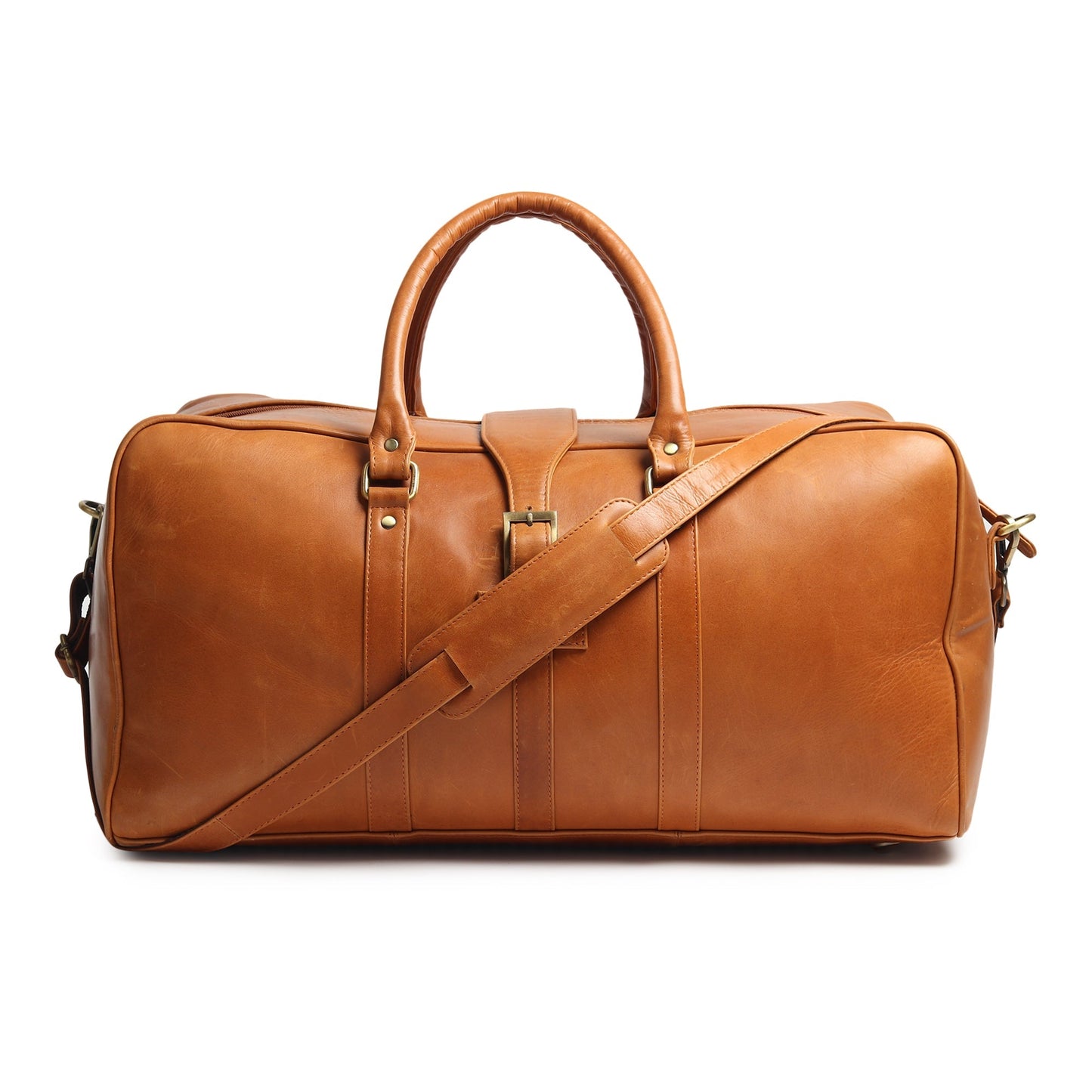 Tan leather duffle bag with adjustable crossbody strap and zip ends, front view