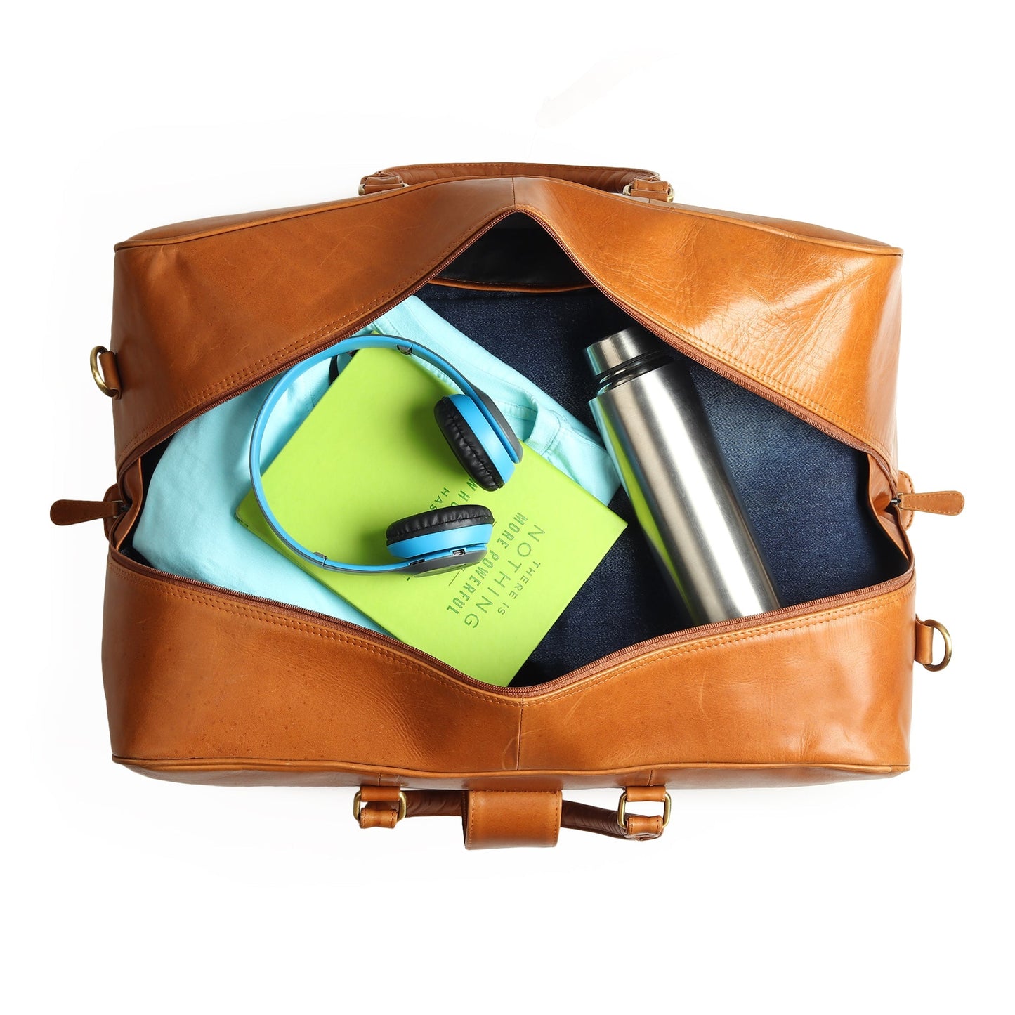Tan leather duffle bag open at the top, showing folded items and a water bottle
