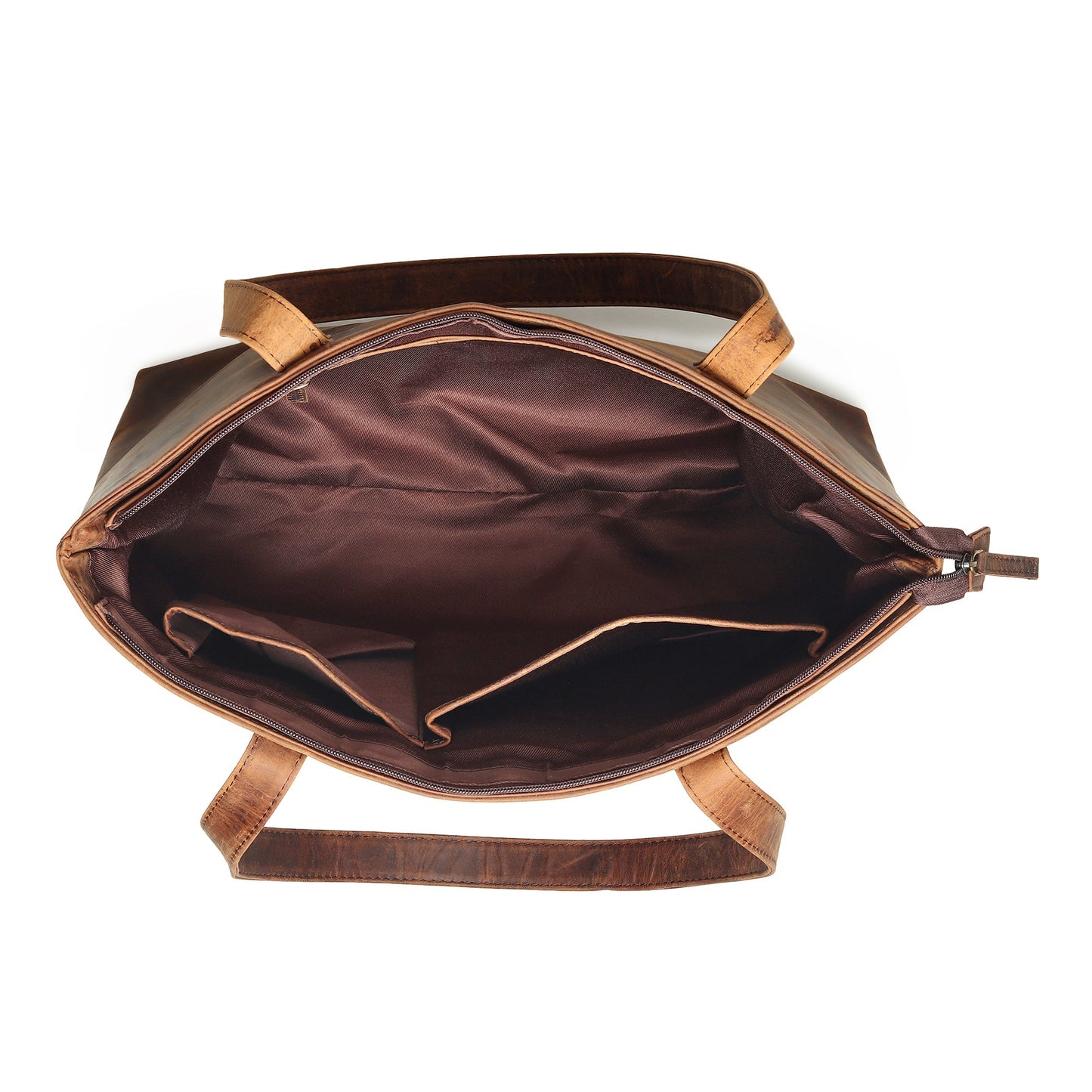 Brown leather tote bag interior view with open top and lined interior