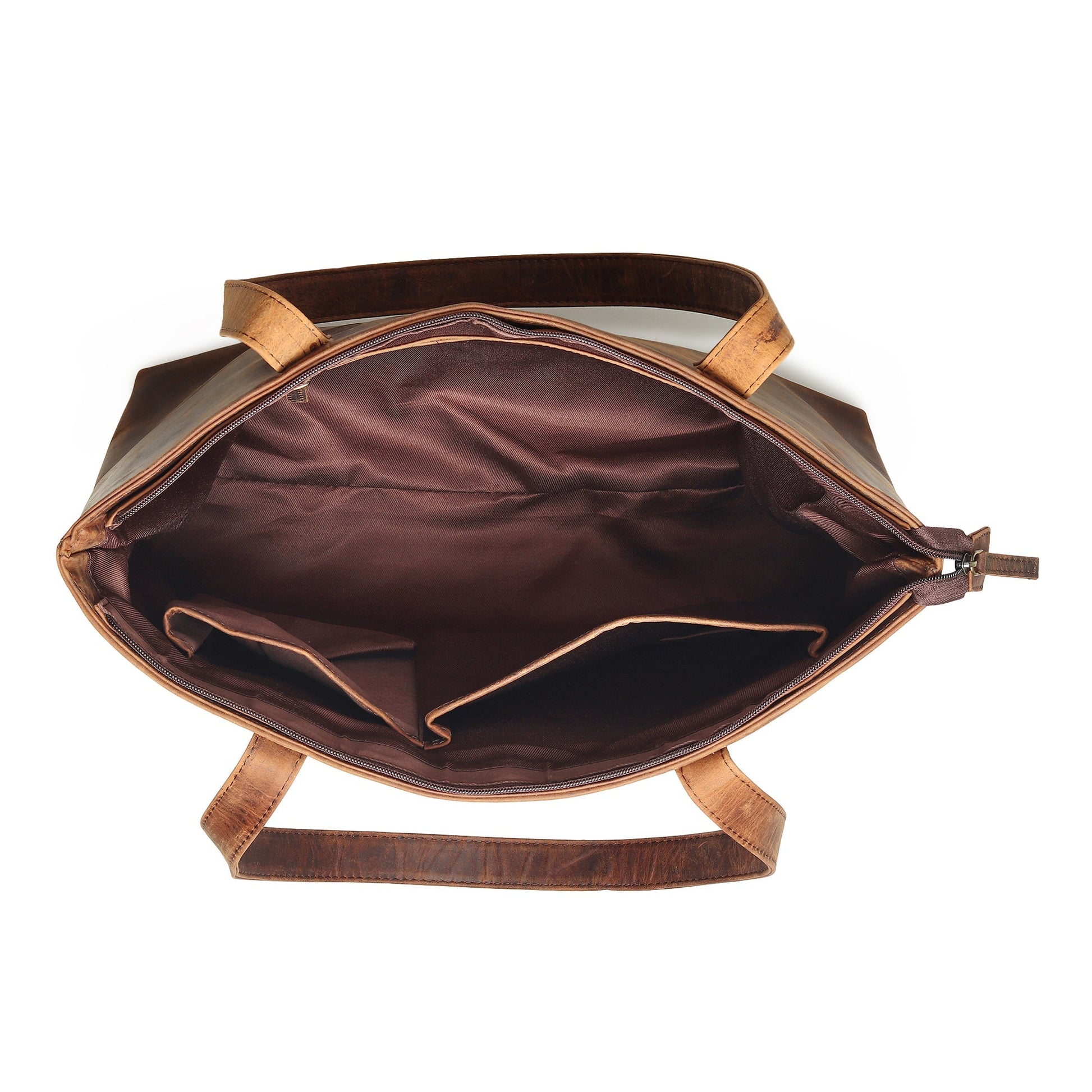 Brown leather tote bag interior view with open top and lined interior
