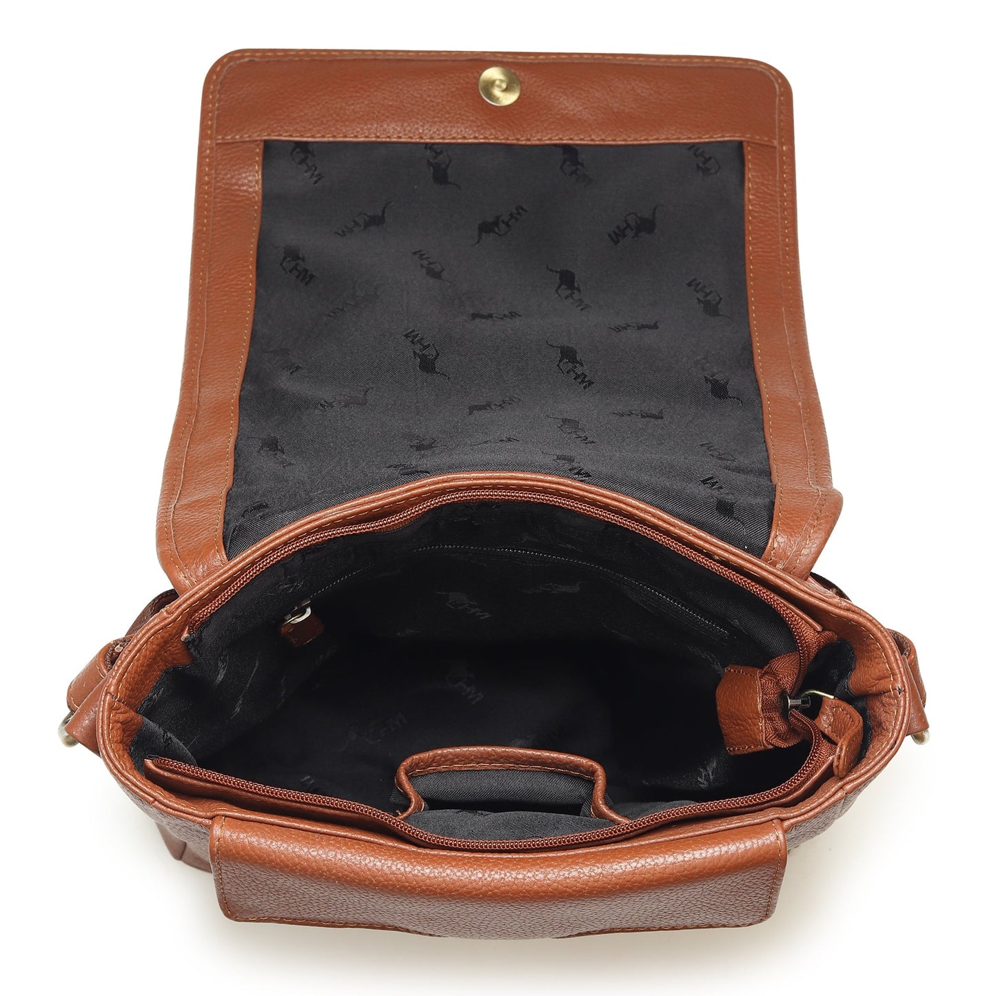 Brown leather crossbody bag open view showing interior lining and front pocket