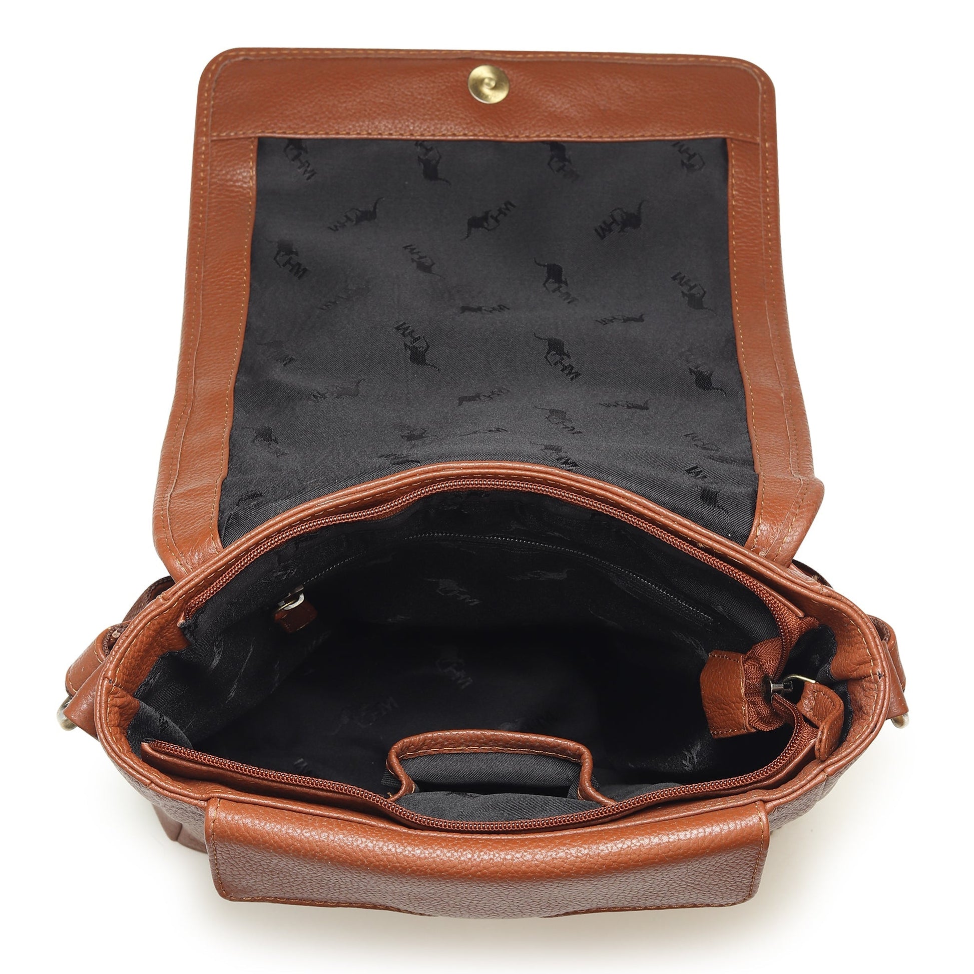 Brown leather crossbody bag open view showing interior lining and front pocket
