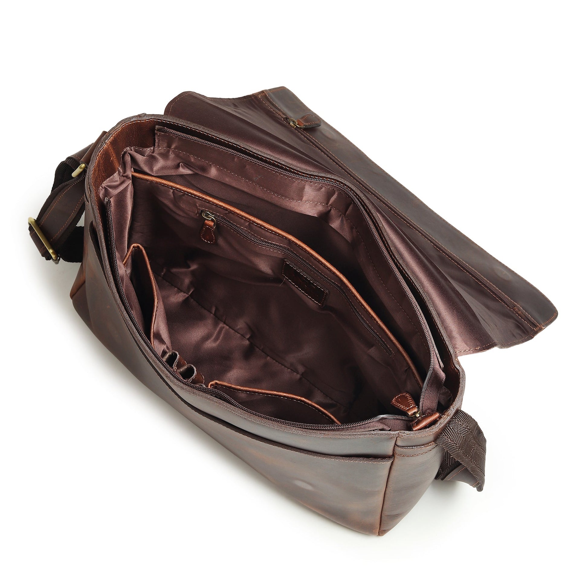 Brown leather laptop bag with open top showing lined interior and zip pocket