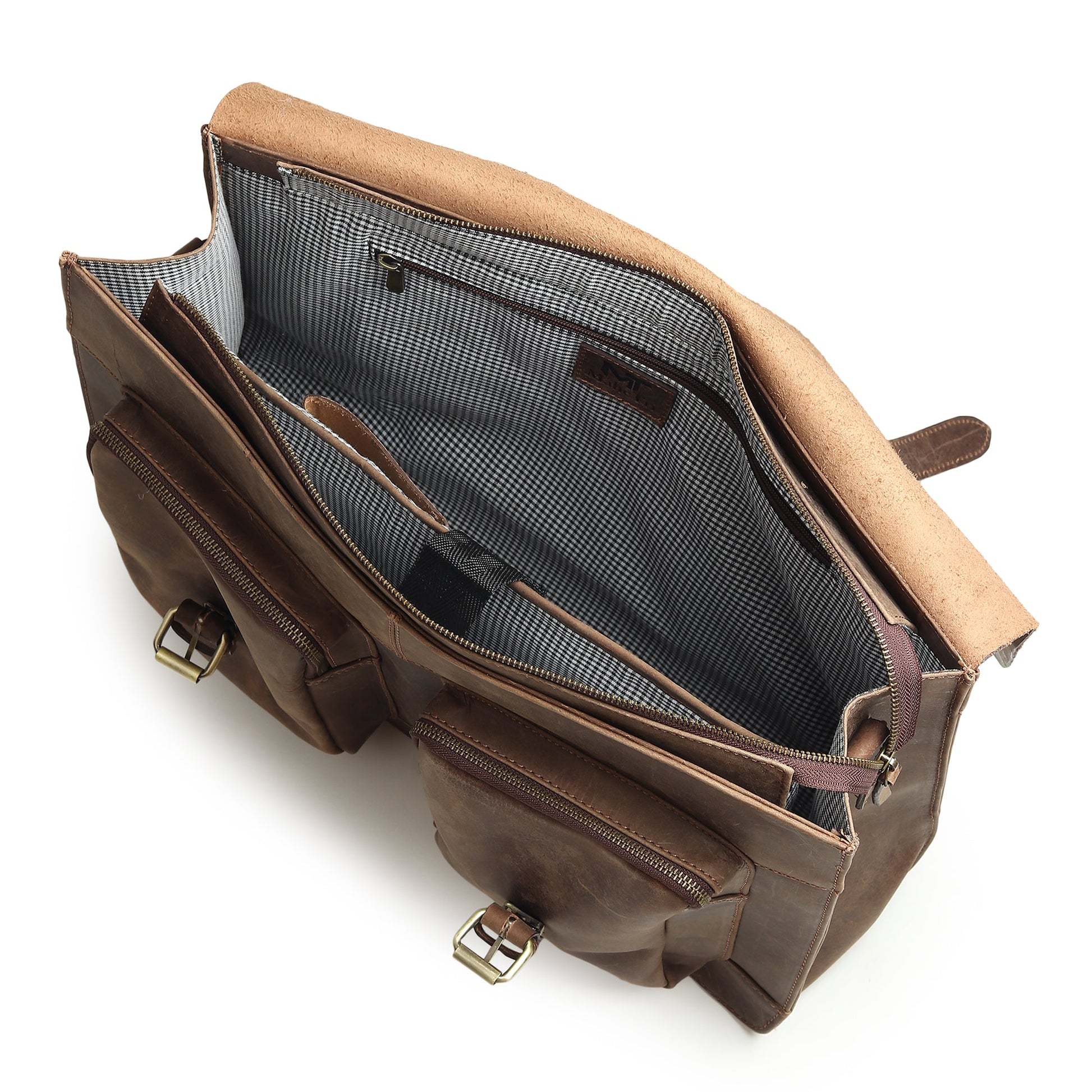 Brown buffalo leather messenger bag opened, showing fabric-lined interior compartments.