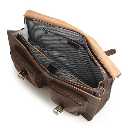 Brown buffalo leather messenger bag opened, showing fabric-lined interior compartments.