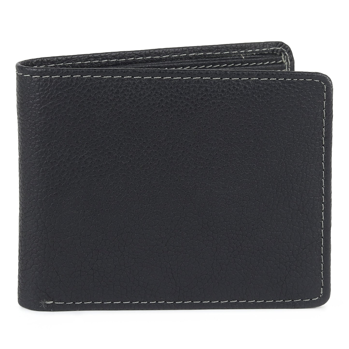 Black textured leather men’s wallet with contrast edge stitching, front view