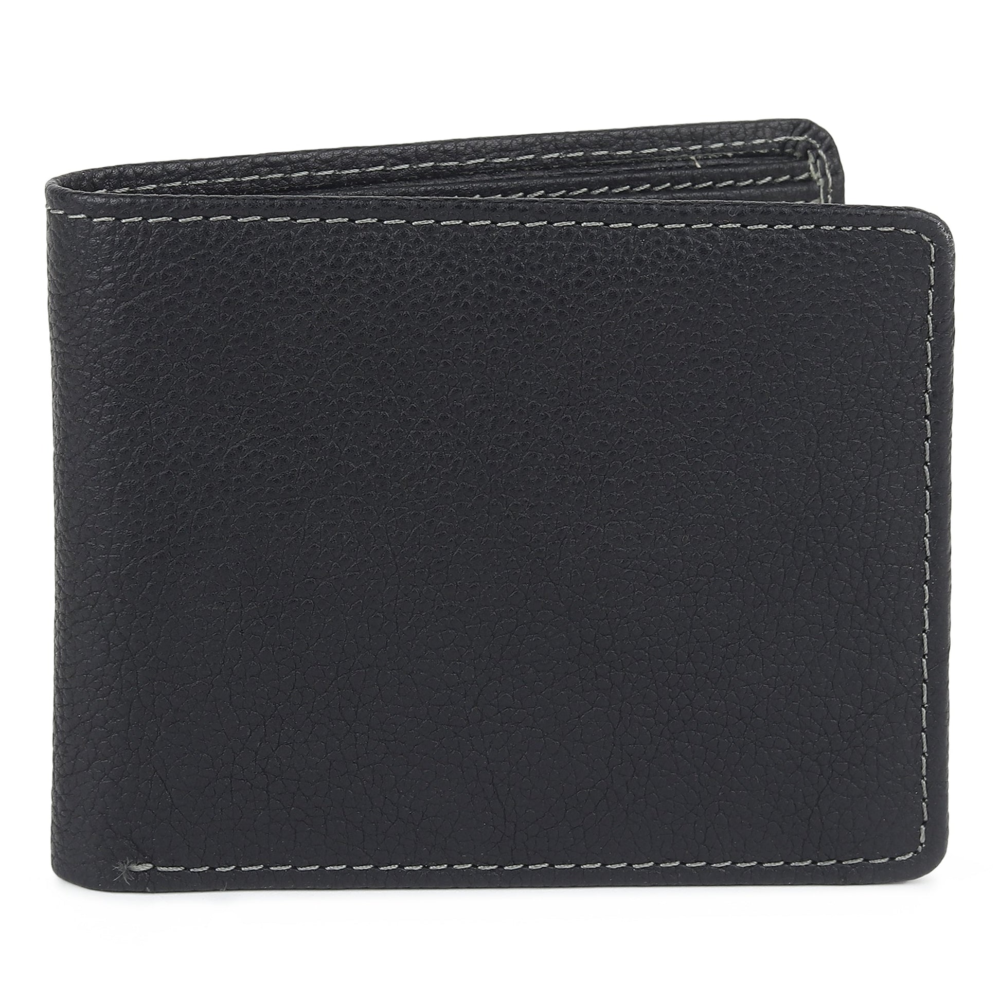 Black textured leather men’s wallet with contrast edge stitching, front view