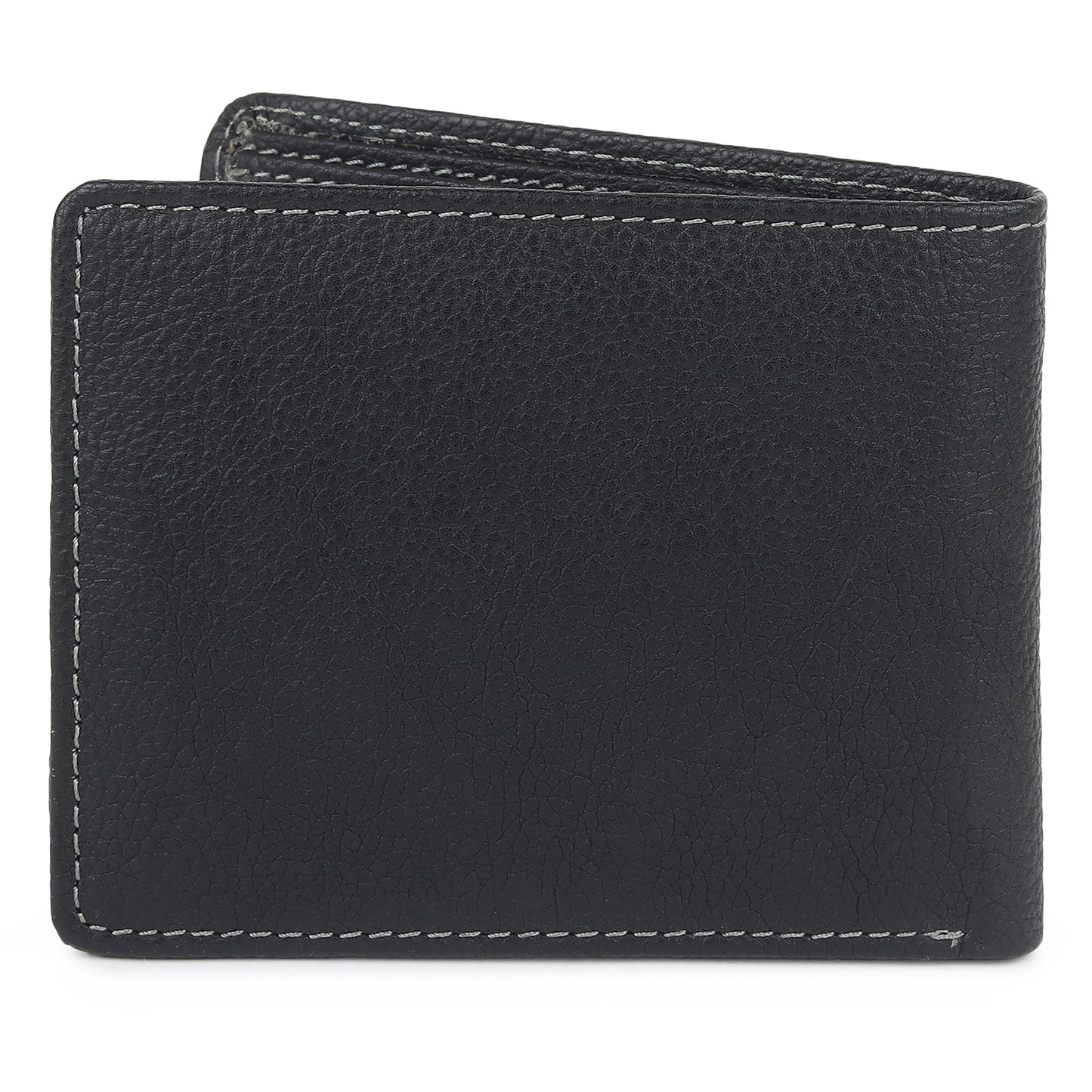Black textured leather men’s wallet back, textured surface with contrast stitching
