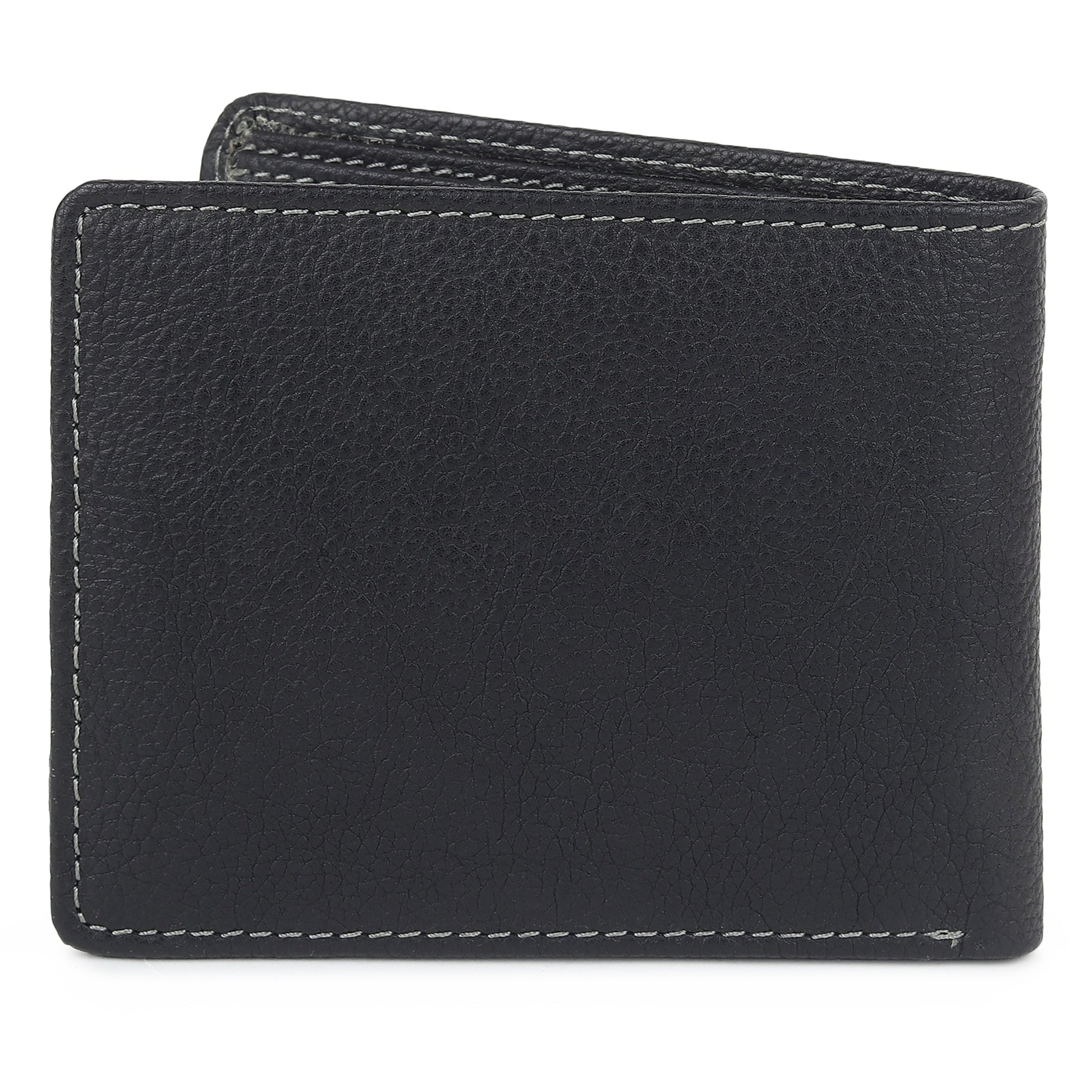 Black textured leather men’s wallet back, textured surface with contrast stitching