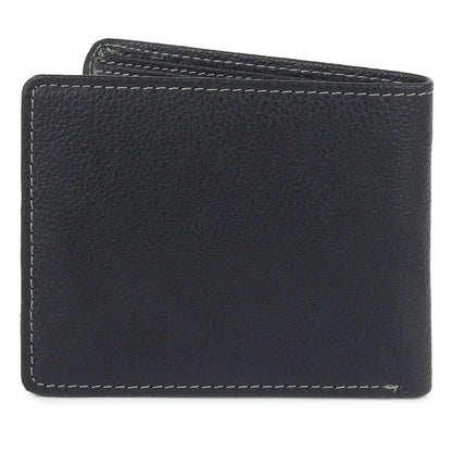 Black textured leather men’s wallet back, textured surface with contrast stitching