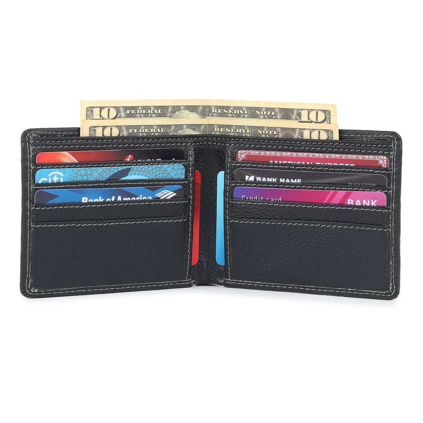 Black textured leather men’s bi-fold wallet open, card pockets and bills shown