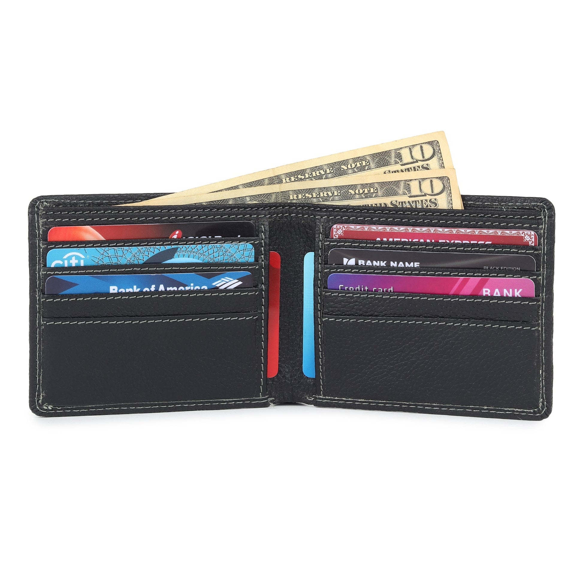 Black textured leather men’s bi-fold wallet open, card slots with currency
