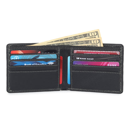 Black textured leather men’s bi-fold wallet open, card slots with currency