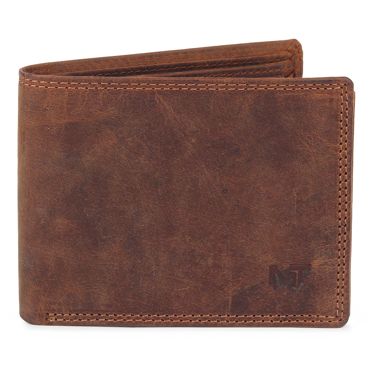 Brown leather bifold wallet with stitched edges and embossed MT logo on the front