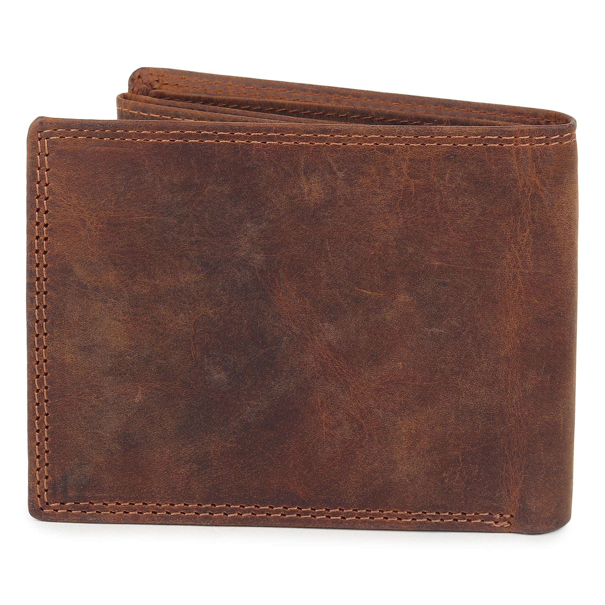 Brown leather wallet with stitched sides and top open edge showing the folded profile
