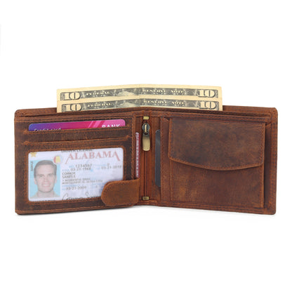 Brown leather wallet open with card ID window and cash visible in the compartments