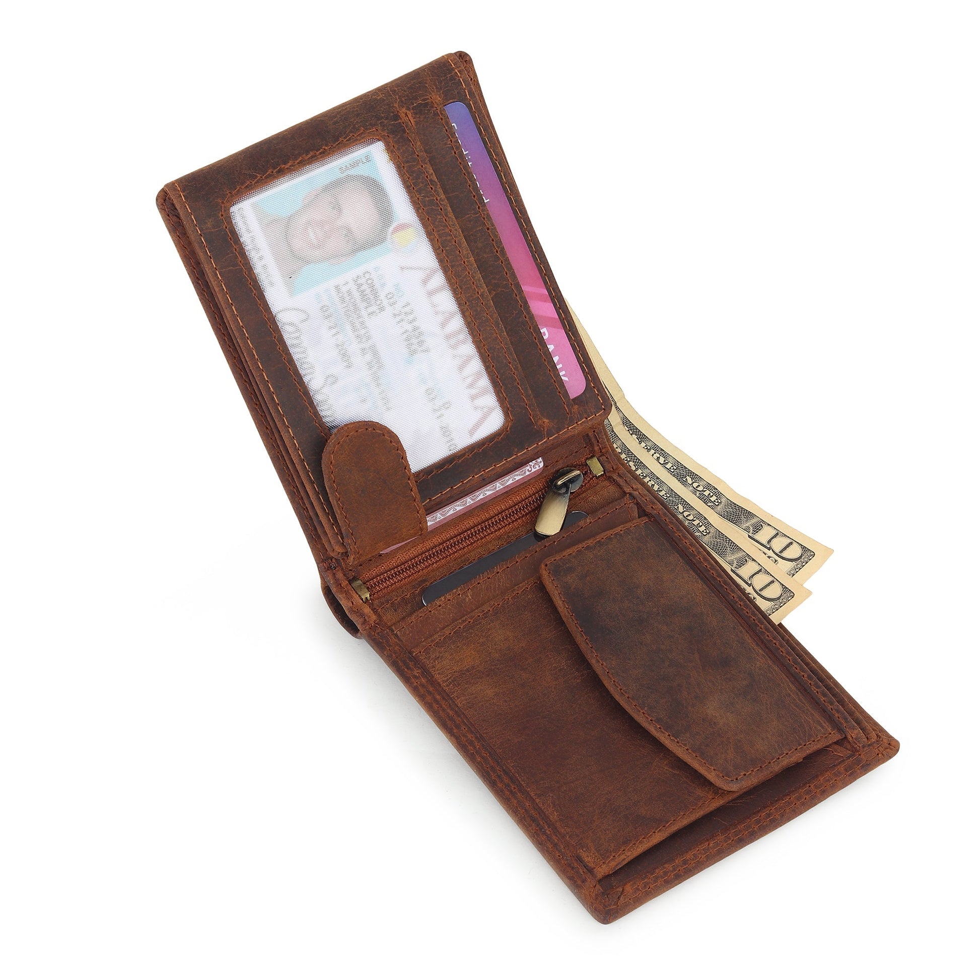 Brown leather wallet open, with card windows and an ID slot with a photo card