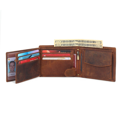Brown leather wallet open with multiple card slots, coin pocket, and bills stacked inside