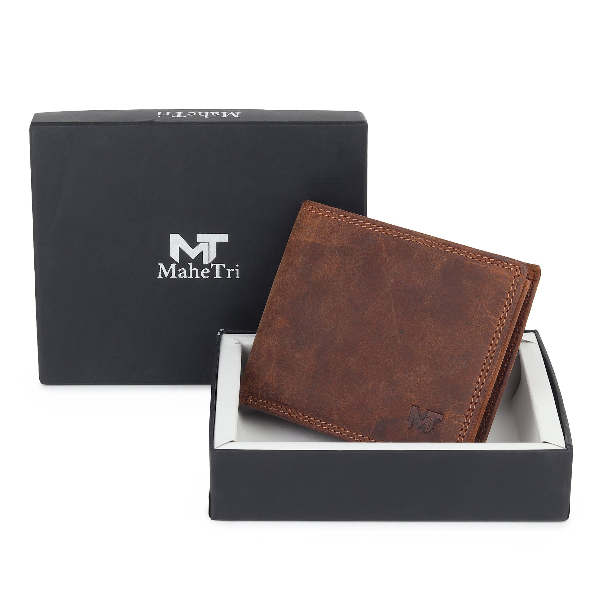 Brown leather wallet in a box with MaheTri branding and MT logo on the wallet
