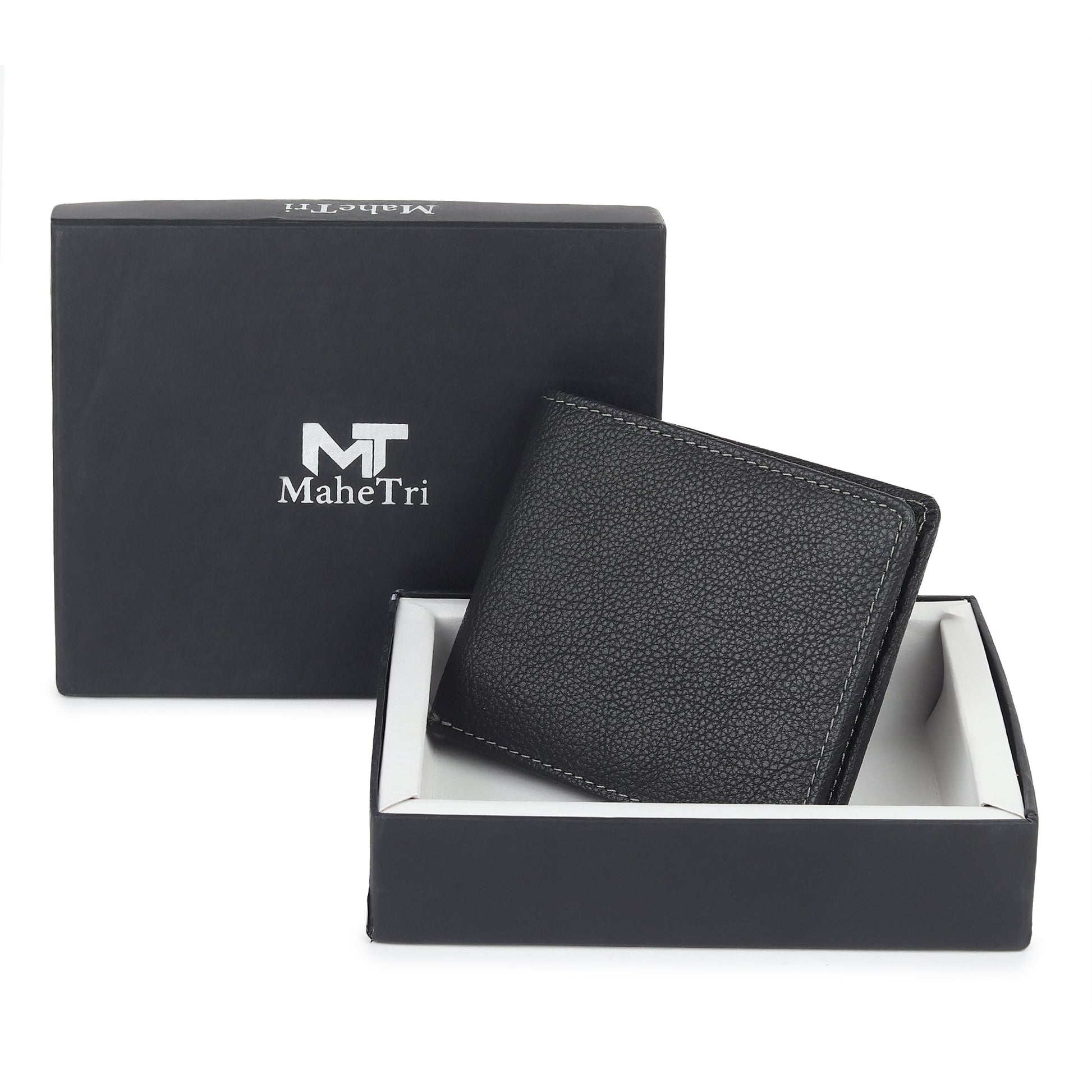 Black textured leather men’s wallet in box, card slots visible