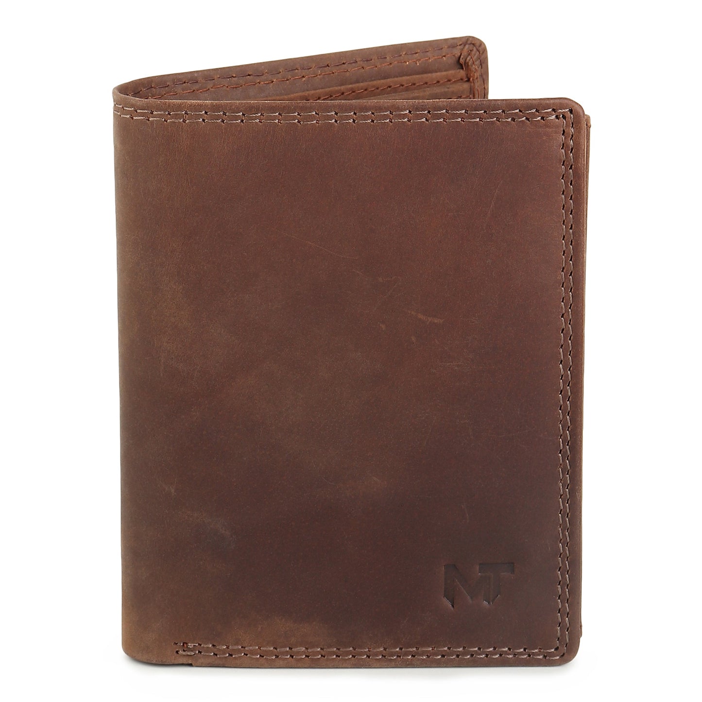 Men's brown leather wallet back view with stitched border and MT logo near bottom.